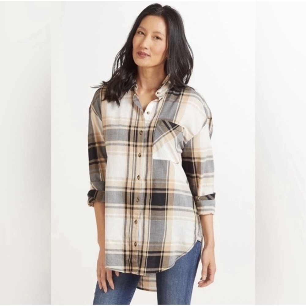 Evereve Women's Sz. M Sanctuary‎ Boyfriend Tunic Button Down Plaid Tan Ivory NWT